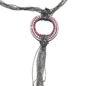 Pink Crystal Circle Pendant Necklace with Silver Multi-Strand Tassel